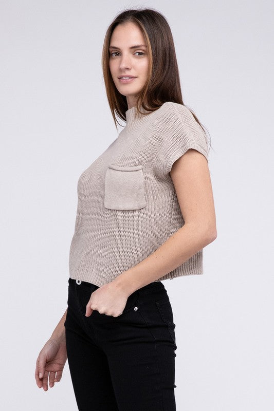 Mock Neck Short Sleeve Cropped Sweater ZENANA