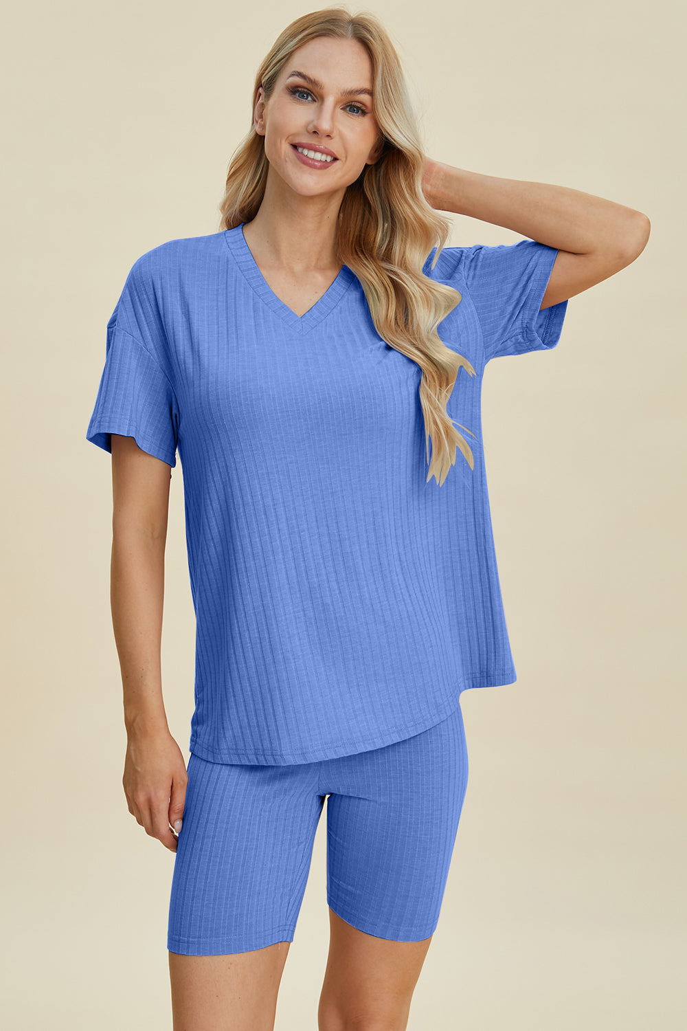 Basic Bae Full Size Ribbed V-Neck Short Sleeve Top and Shorts Set Stretchy Womenswear Basic Bae