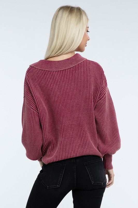 Washed Collared Henley Sweater ZENANA