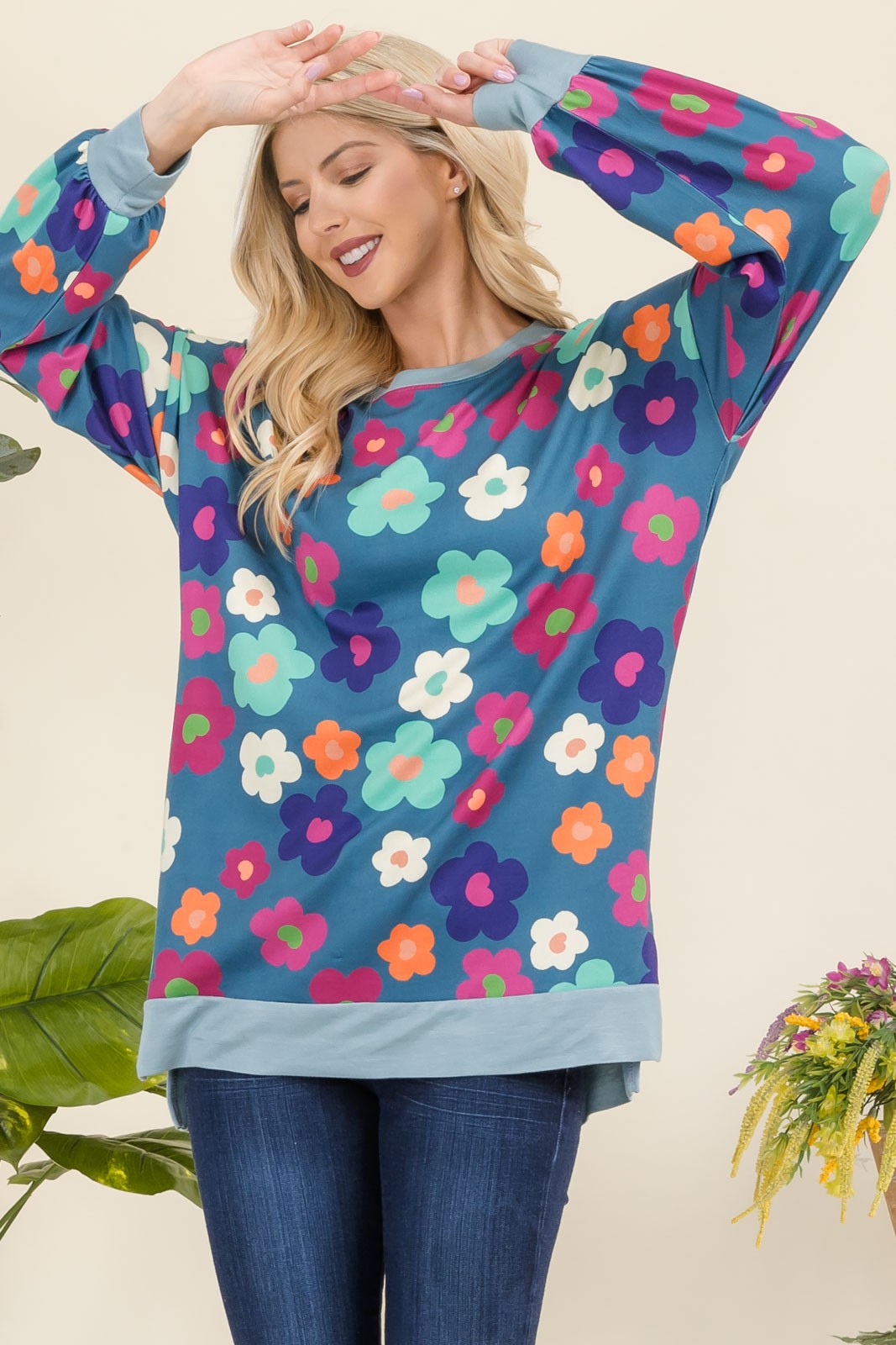 Celeste Full Size Side Slit Flower Print Long Sleeve Top Trendsi