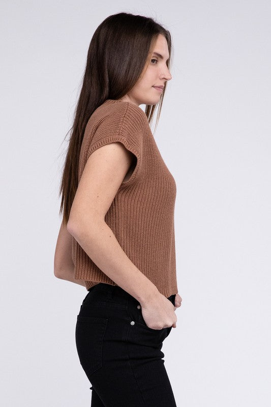 Mock Neck Short Sleeve Cropped Sweater ZENANA