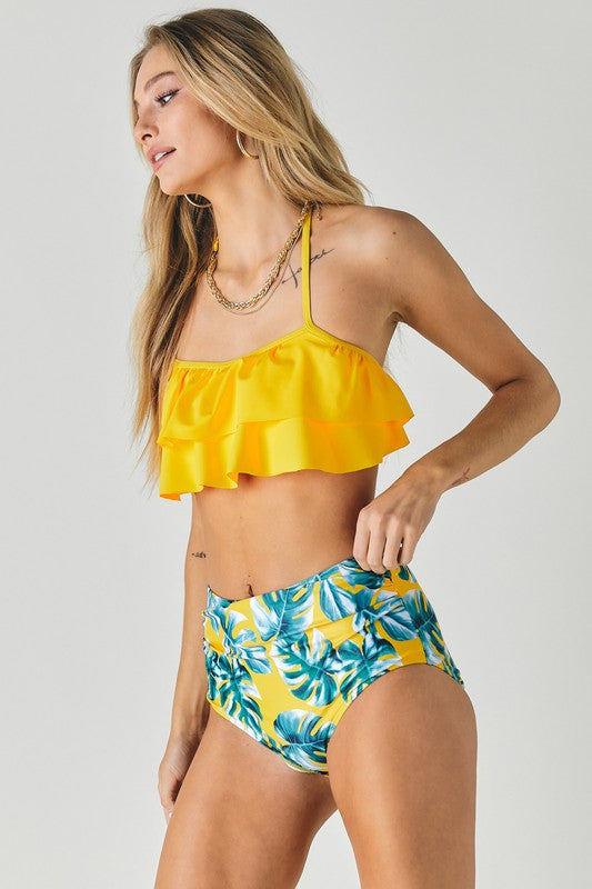 Davi & Dani Solid Ruffle Top And Printed Bottom Swimsuit - Rosa Apparel