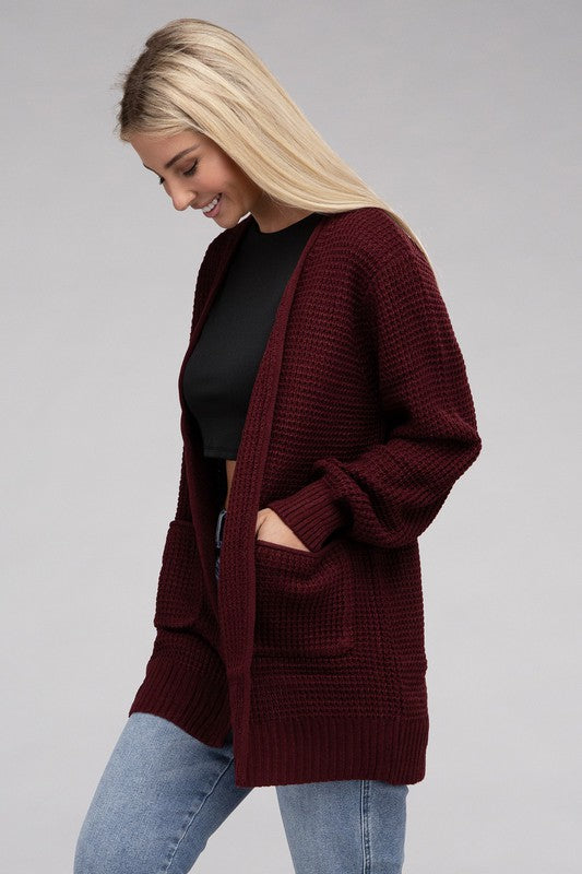 Low Gauge Waffle Open Cardigan Sweater ZENANA