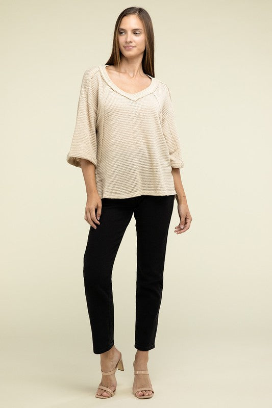 Zenana Brushed Waffle Exposed-Seam 3/4 Sleeve Top