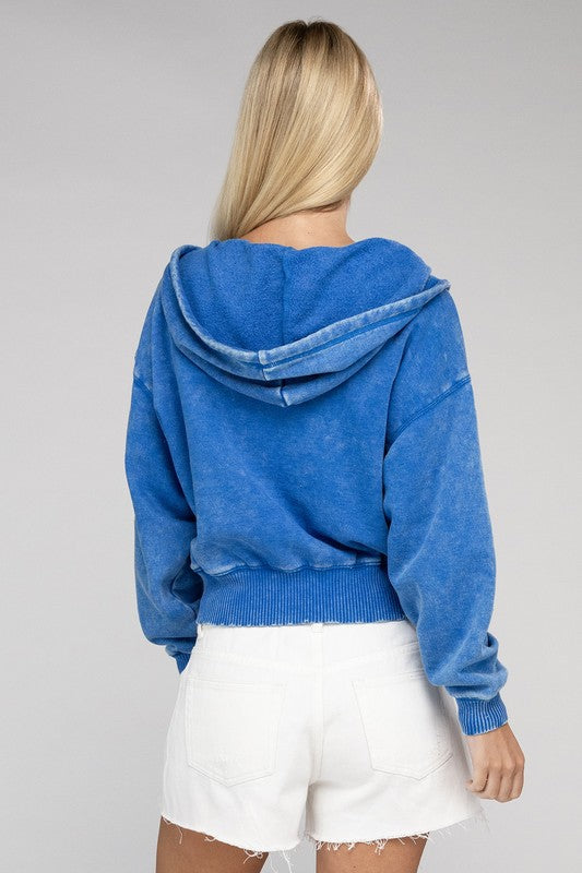 Acid Wash Fleece Cropped Zip-Up Hoodie ZENANA