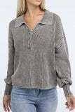 Washed Collared Henley Sweater ZENANA