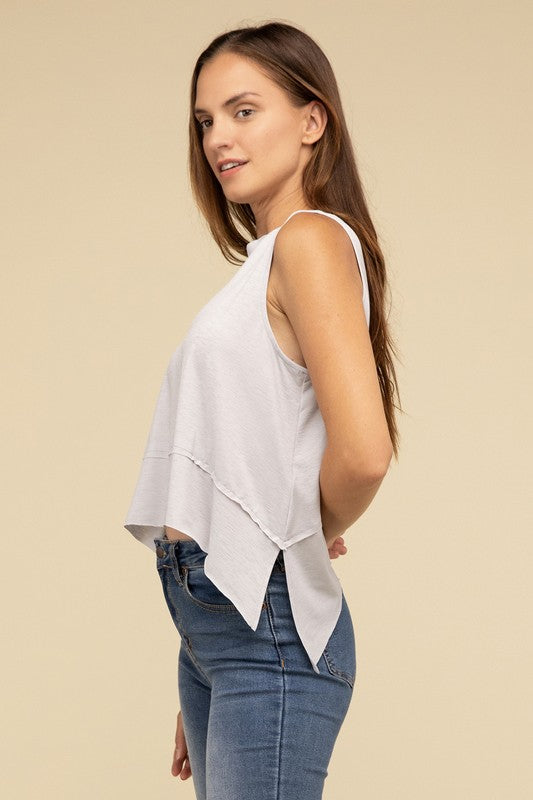 Zenana Casual Shark Bite Side Slit Round Neck Short Sleeveless Top ZENANA