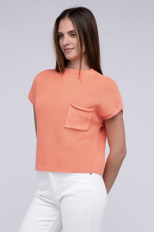 Mock Neck Short Sleeve Cropped Sweater ZENANA