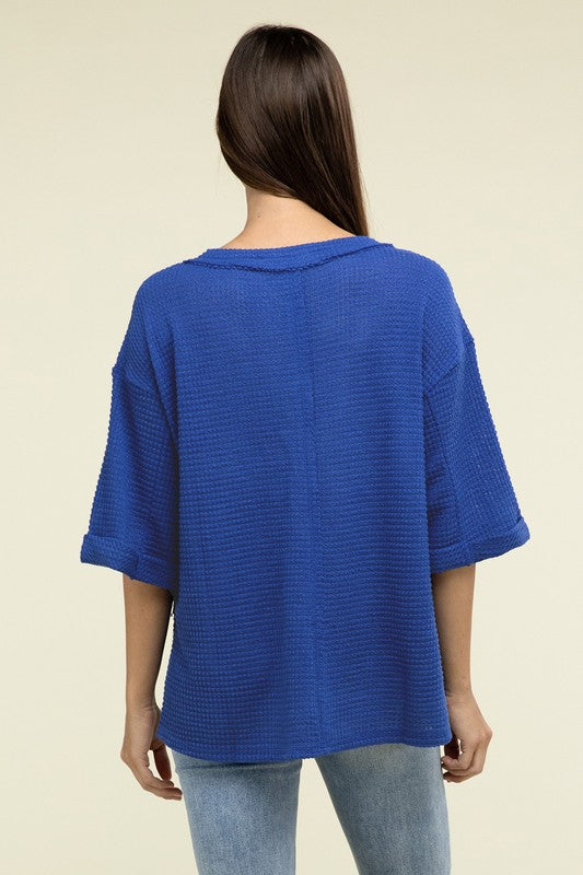 Zenana Brushed Waffle Exposed-Seam 3/4 Sleeve Top