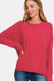 Zenana Full Size Contrast Stitching Brushed Ribbed Hacci Knit Top Trendsi