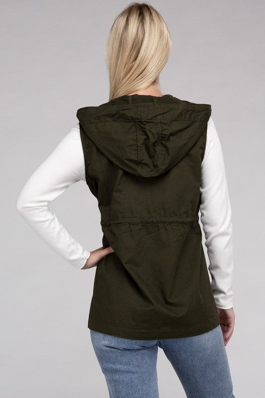 Drawstring Waist Military Hoodie Vest ZENANA