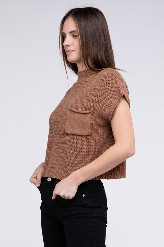 Mock Neck Short Sleeve Cropped Sweater ZENANA