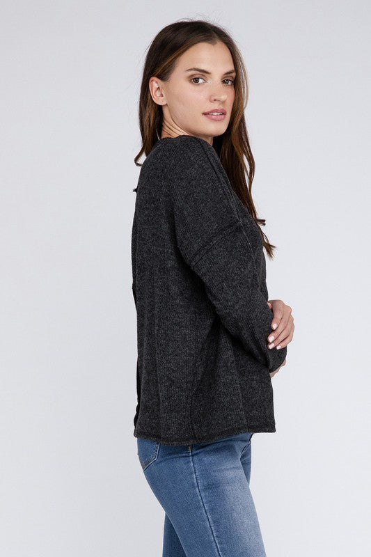 Ribbed Brushed Melange Hacci Sweater with a Pocket ZENANA