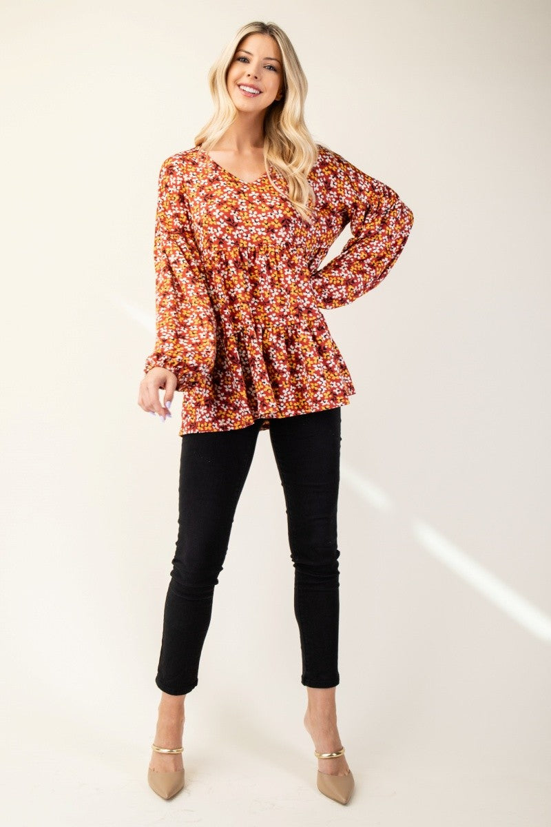 Celeste Full Size Floral V-Neck Balloon Sleeve Blouse Trendsi