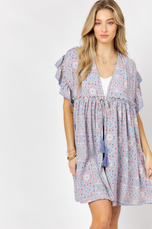 Printed Short Sleeve Ruffle Kimono Davi & Dani