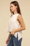 Zenana Casual Shark Bite Side Slit Round Neck Short Sleeveless Top ZENANA