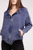 Acid Wash Cotton Waffle Hooded Zip-Up Jacket ZENANA