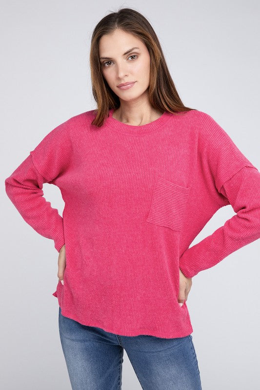 Ribbed Brushed Melange Hacci Sweater with a Pocket ZENANA