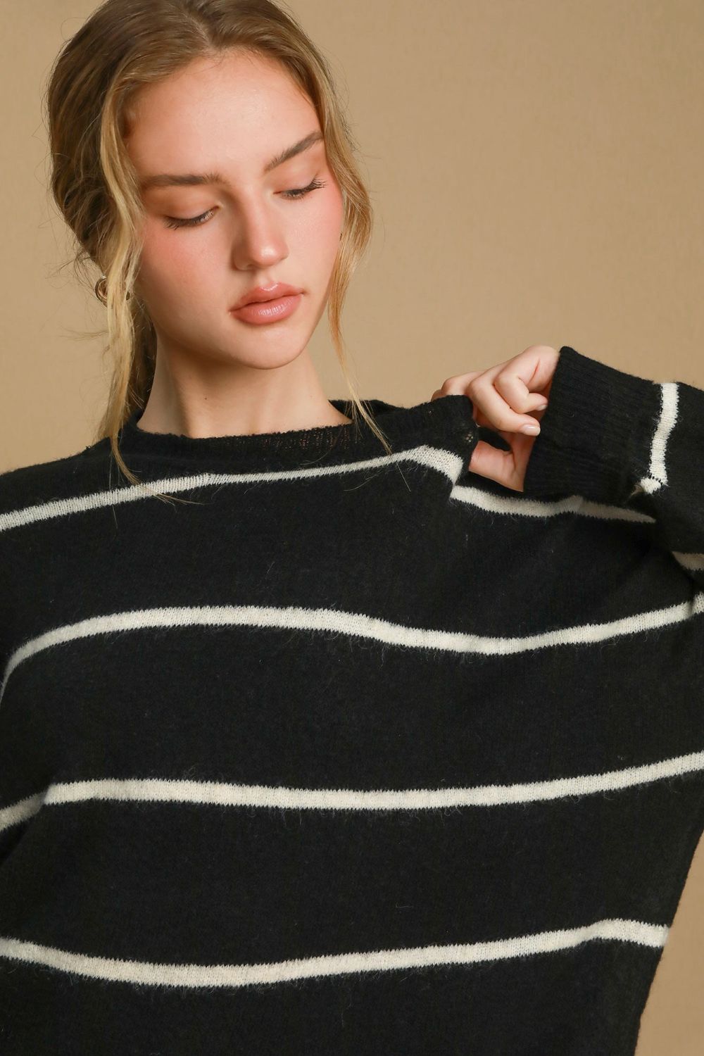 Umgee Wool Blend Striped Round Neck Sweater Trendsi