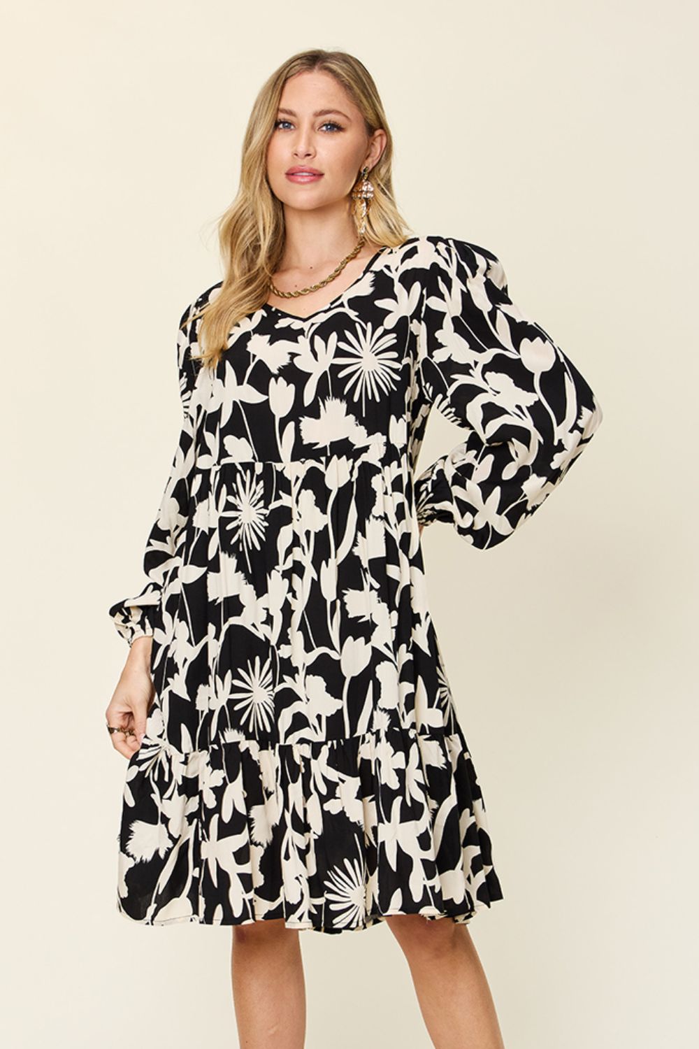 Double Take Full Size Printed Ruffle Hem Long Sleeve Midi Dress Double Take