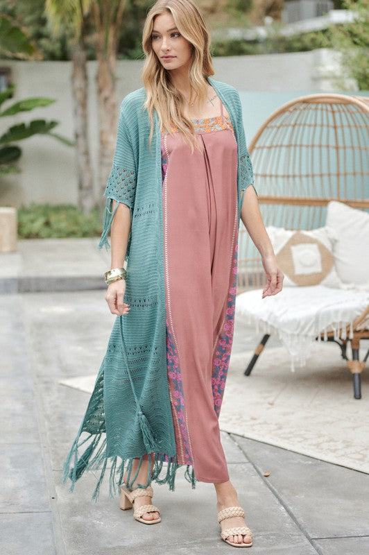 Solid Long Cardigan With Fringe Davi & Dani