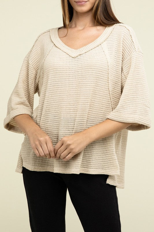 Zenana Brushed Waffle Exposed-Seam 3/4 Sleeve Top