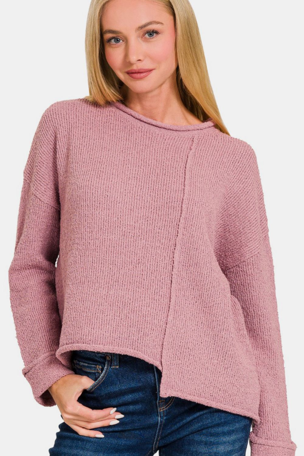 Zenana Asymmetric Hem Drop Shoulder Sweater Trendsi