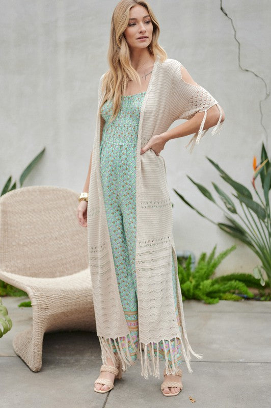 Solid Long Cardigan With Fringe Davi & Dani