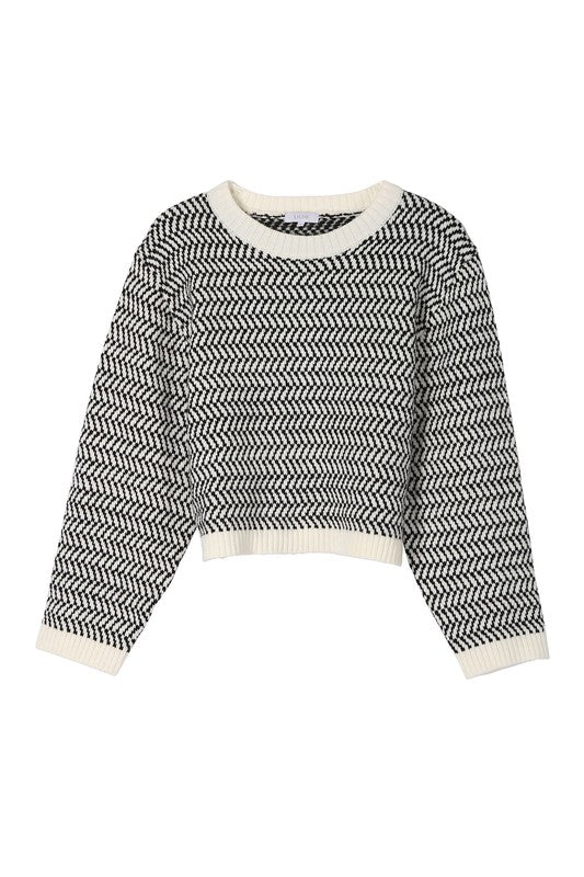 Herringbone Pattern Crew Neck Sweater Lilou