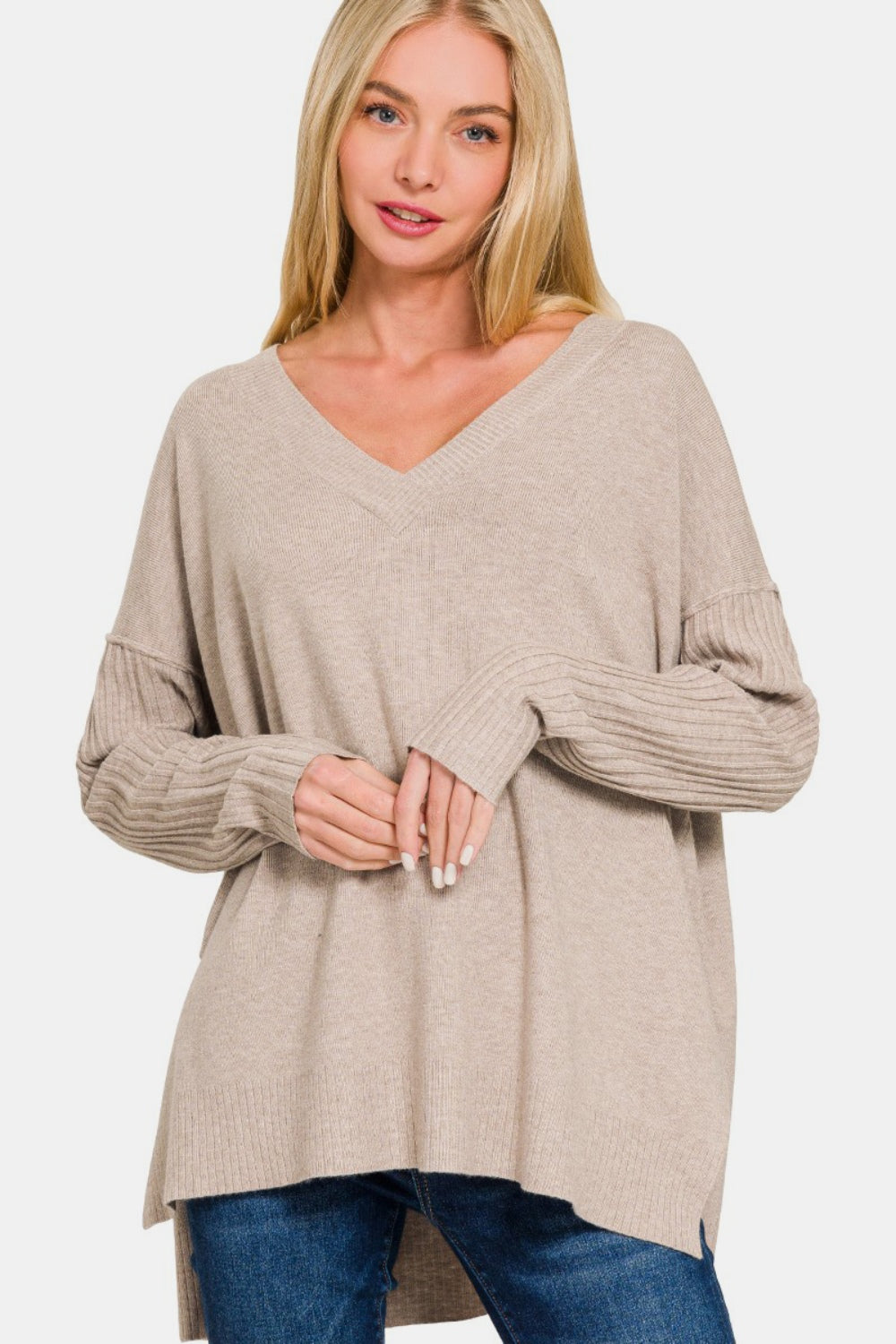 Zenana V-Neck Side Slit High-Low Sweater Trendsi