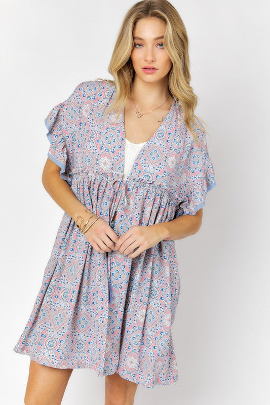 Printed Short Sleeve Ruffle Kimono Davi & Dani