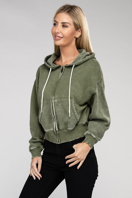 Acid Wash Fleece Cropped Zip-Up Hoodie ZENANA