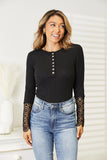 Double Take Crochet Lace Hem Sleeve Button Top Trendsi