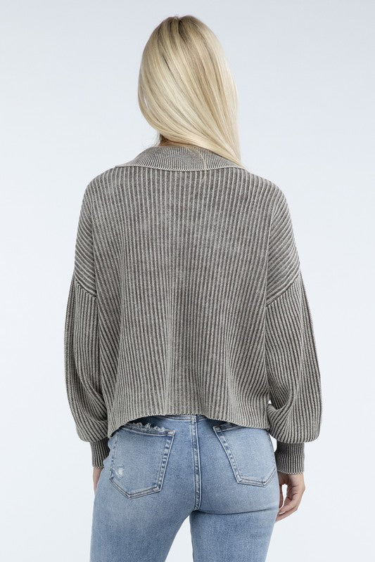 Washed Collared Henley Sweater ZENANA