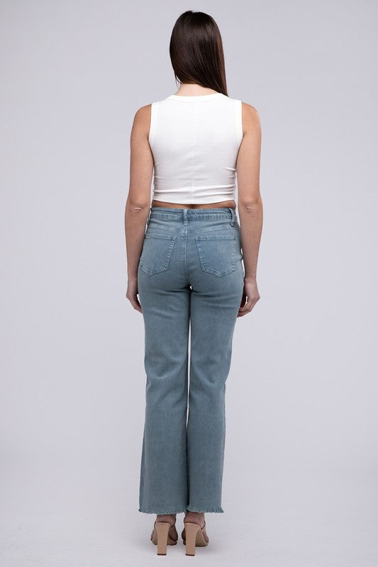 Zenana Acid Washed Frayed Cutoff Hem Straight Wide Jeans Pants ZENANA