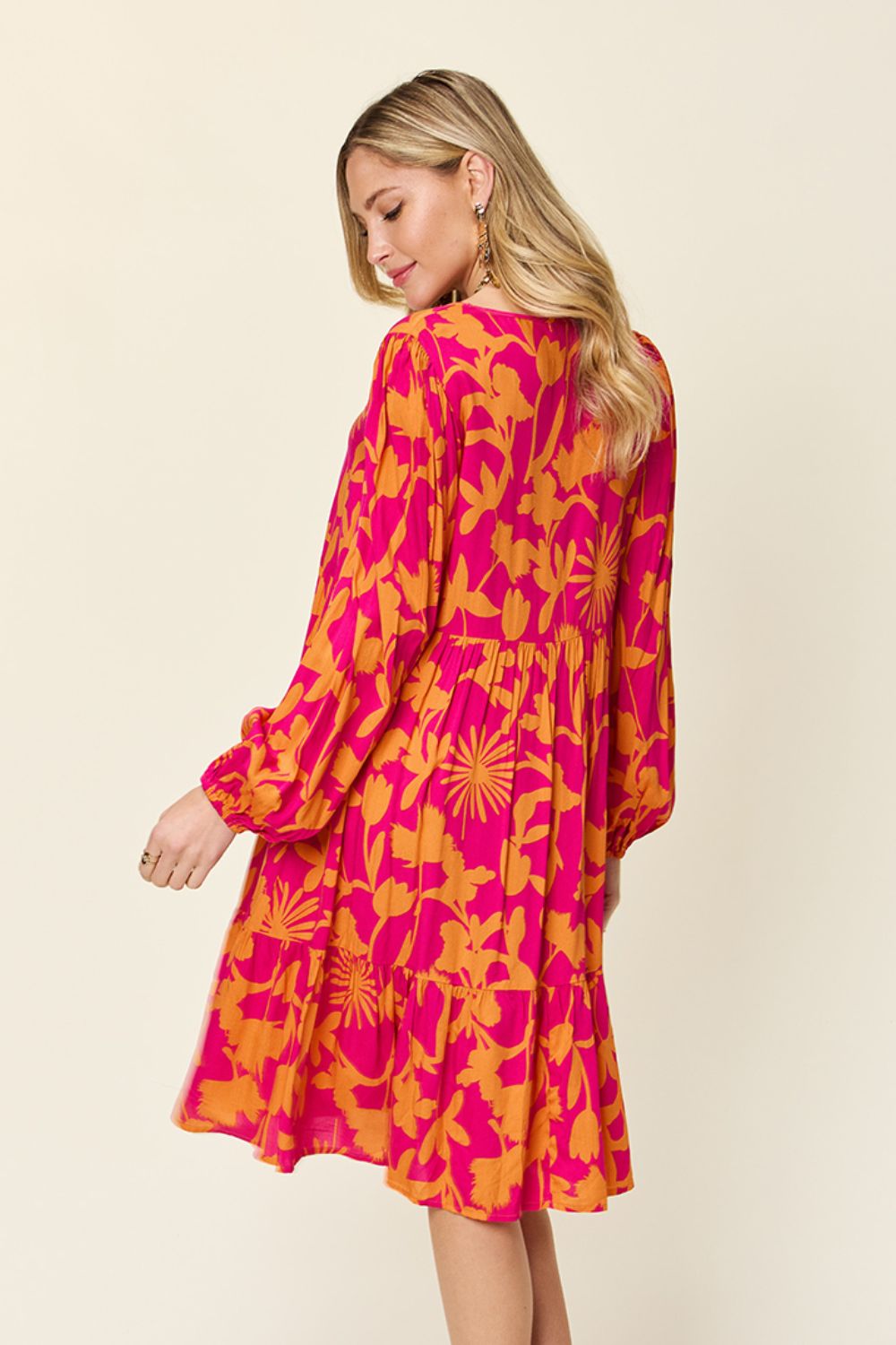 Double Take Full Size Printed Ruffle Hem Long Sleeve Midi Dress Double Take