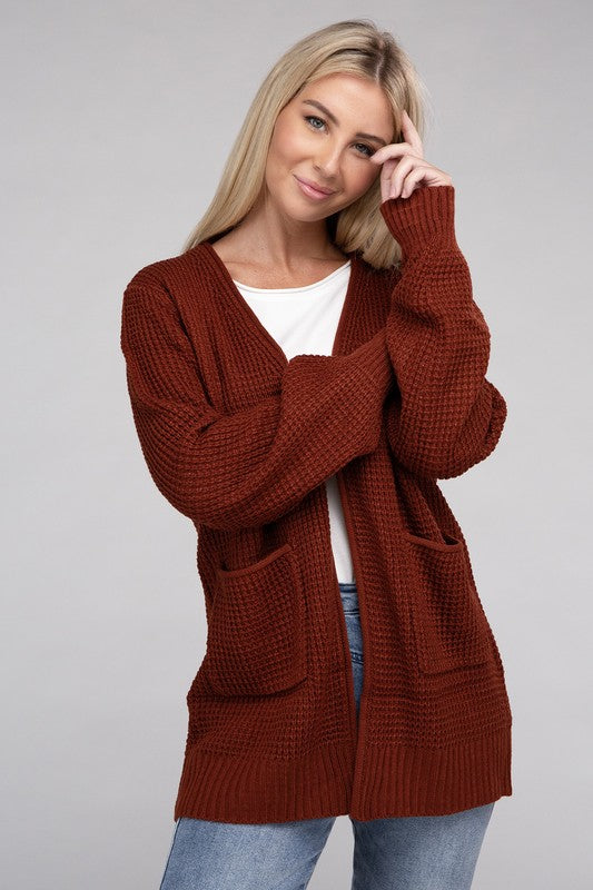 Low Gauge Waffle Open Cardigan Sweater ZENANA