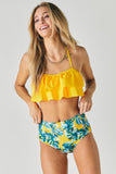 Davi & Dani Solid Ruffle Top And Printed Bottom Swimsuit - Rosa Apparel