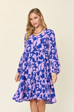 Double Take Full Size Printed Ruffle Hem Long Sleeve Midi Dress Double Take