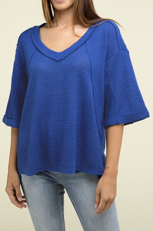 Zenana Brushed Waffle Exposed-Seam 3/4 Sleeve Top