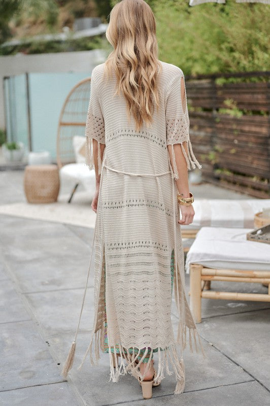 Solid Long Cardigan With Fringe Davi & Dani