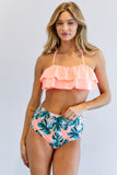 Davi & Dani Solid Ruffle Top And Printed Bottom Swimsuit - Rosa Apparel