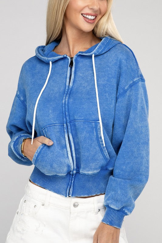 Acid Wash Fleece Cropped Zip-Up Hoodie ZENANA