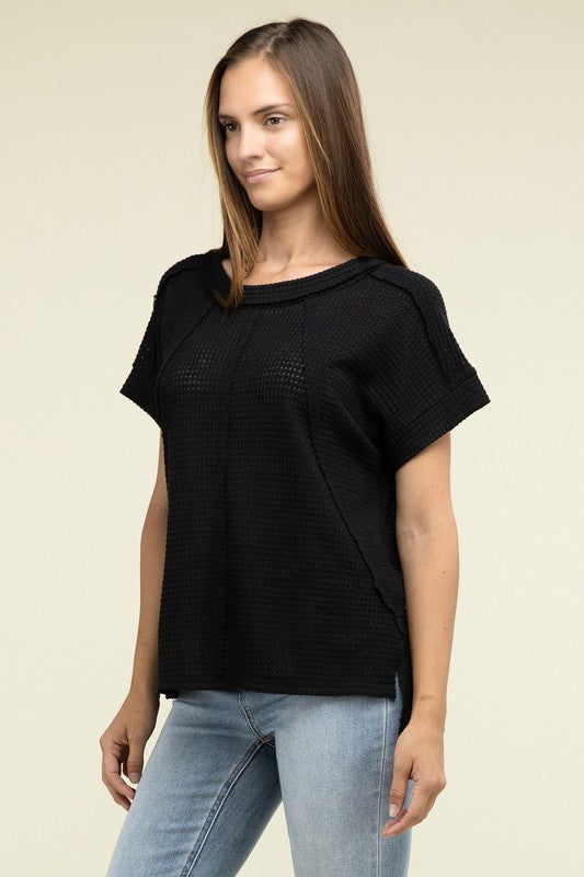 Zenana Brushed Waffle Exposed-Seam Short Sleeve Top