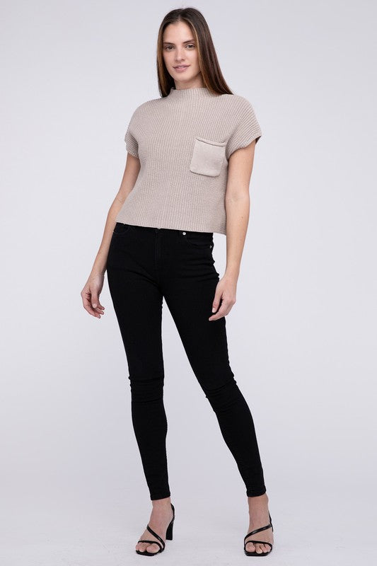 Mock Neck Short Sleeve Cropped Sweater ZENANA