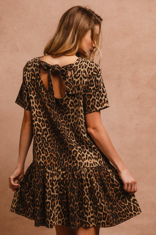 BiBi Tie Back Leopard Round Neck Short Sleeve Dress Trendsi