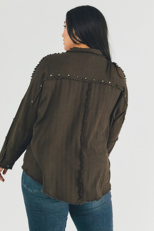 Plus Distressed hem button down oversize shirt Davi & Dani