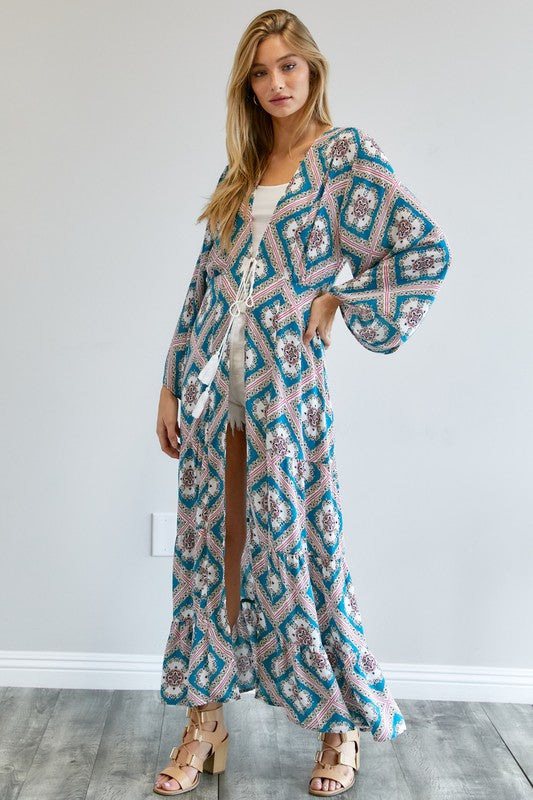 Printed Long Sleeve Loose Kimono Davi & Dani