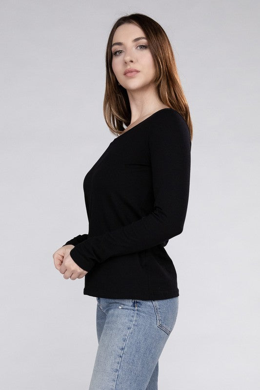 Cotton V-Neck Long Sleeve T-Shirt ZENANA