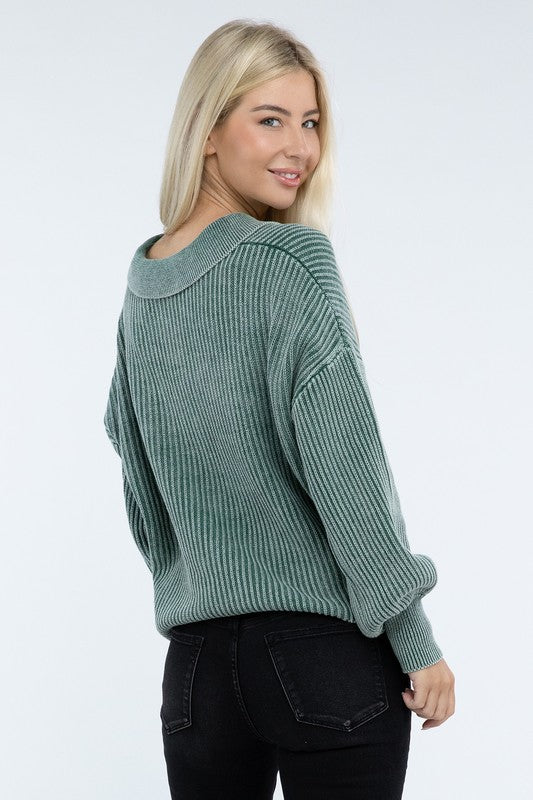 Washed Collared Henley Sweater ZENANA